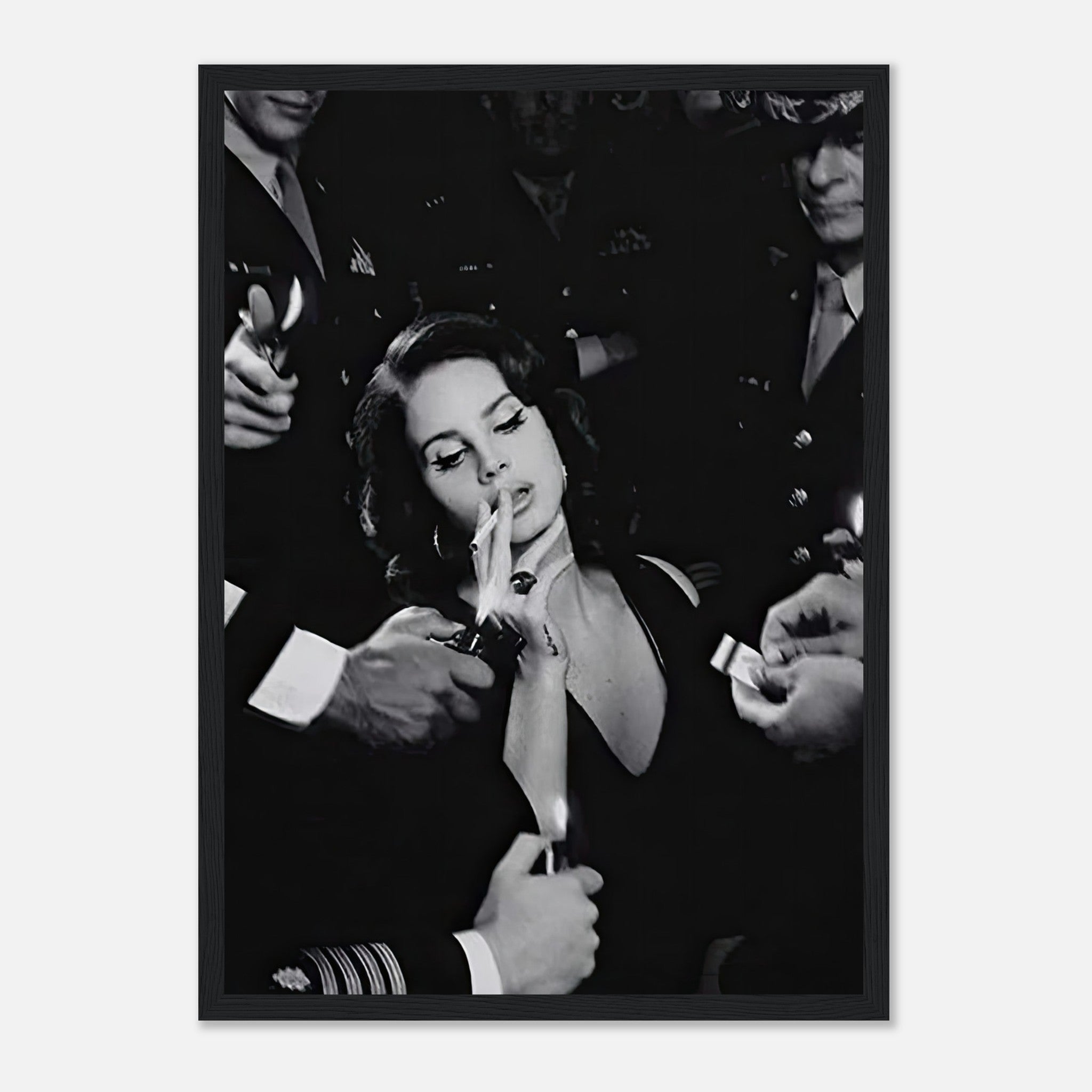 Lana Del Ray Smoking framed print in black-and-white, showcasing vintage Hollywood aesthetics and artistic allure.