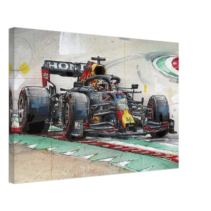 Max Verstappen racing canvas painting, showcasing dynamic energy and vibrant colors of Formula 1 action.