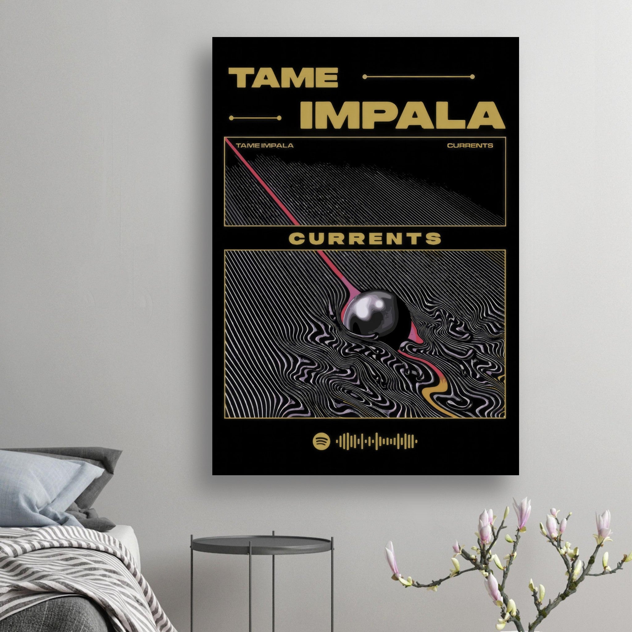 Tame Impala Currents poster featuring hypnotic artwork and bold black and gold accents, perfect for music lovers' decor.