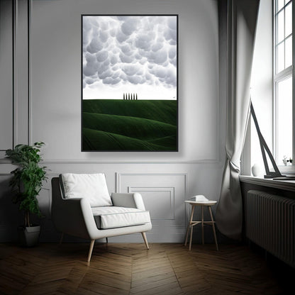 Toscana Italy framed print showcasing green hills and cypress trees, adding elegance to modern decor.