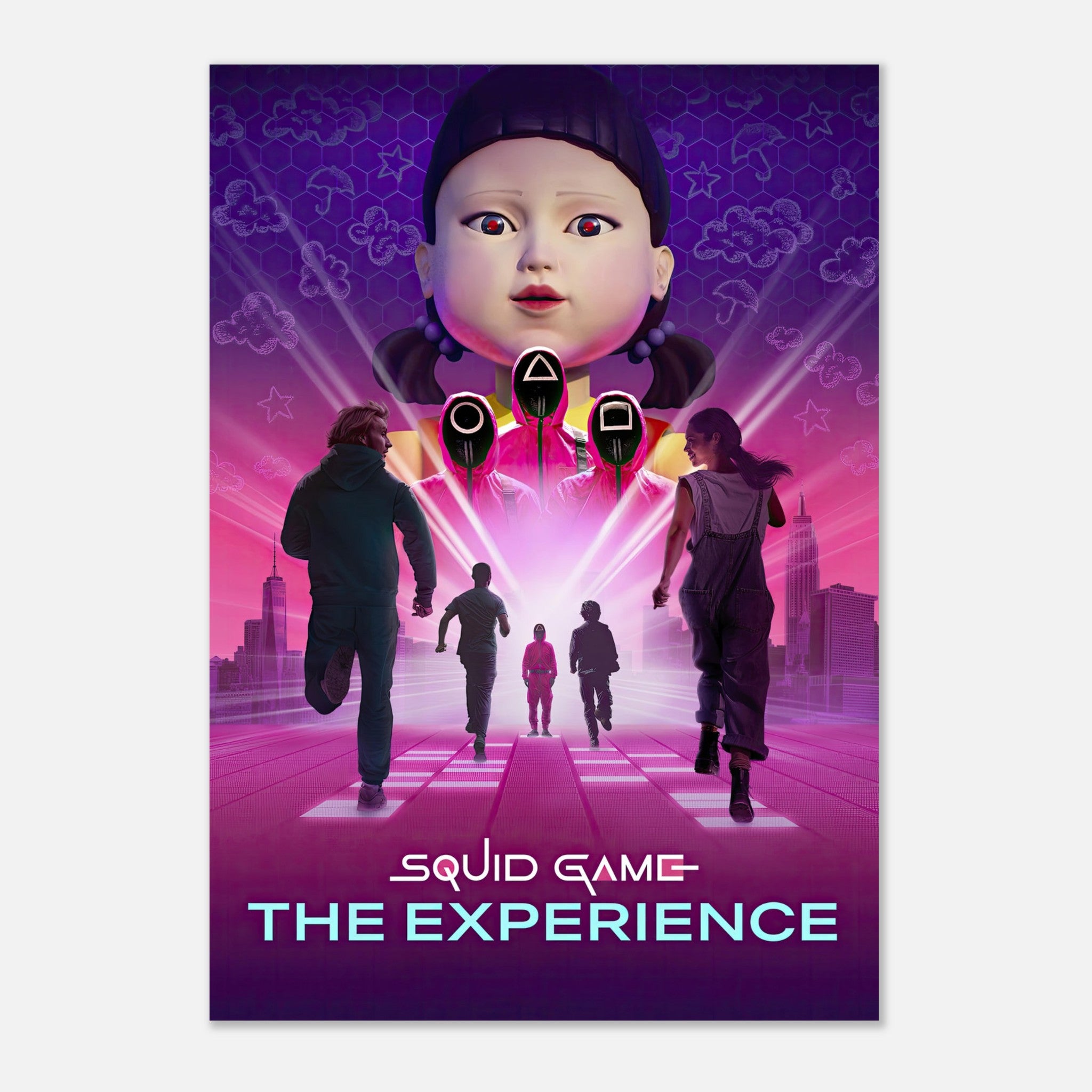 Squid Game The Experience poster featuring iconic characters and vibrant colors in an immersive setting.