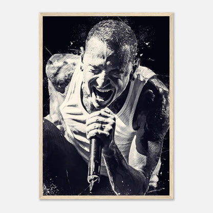 Chester Bennington framed print poster, capturing his powerful energy and emotion in a black-and-white design.