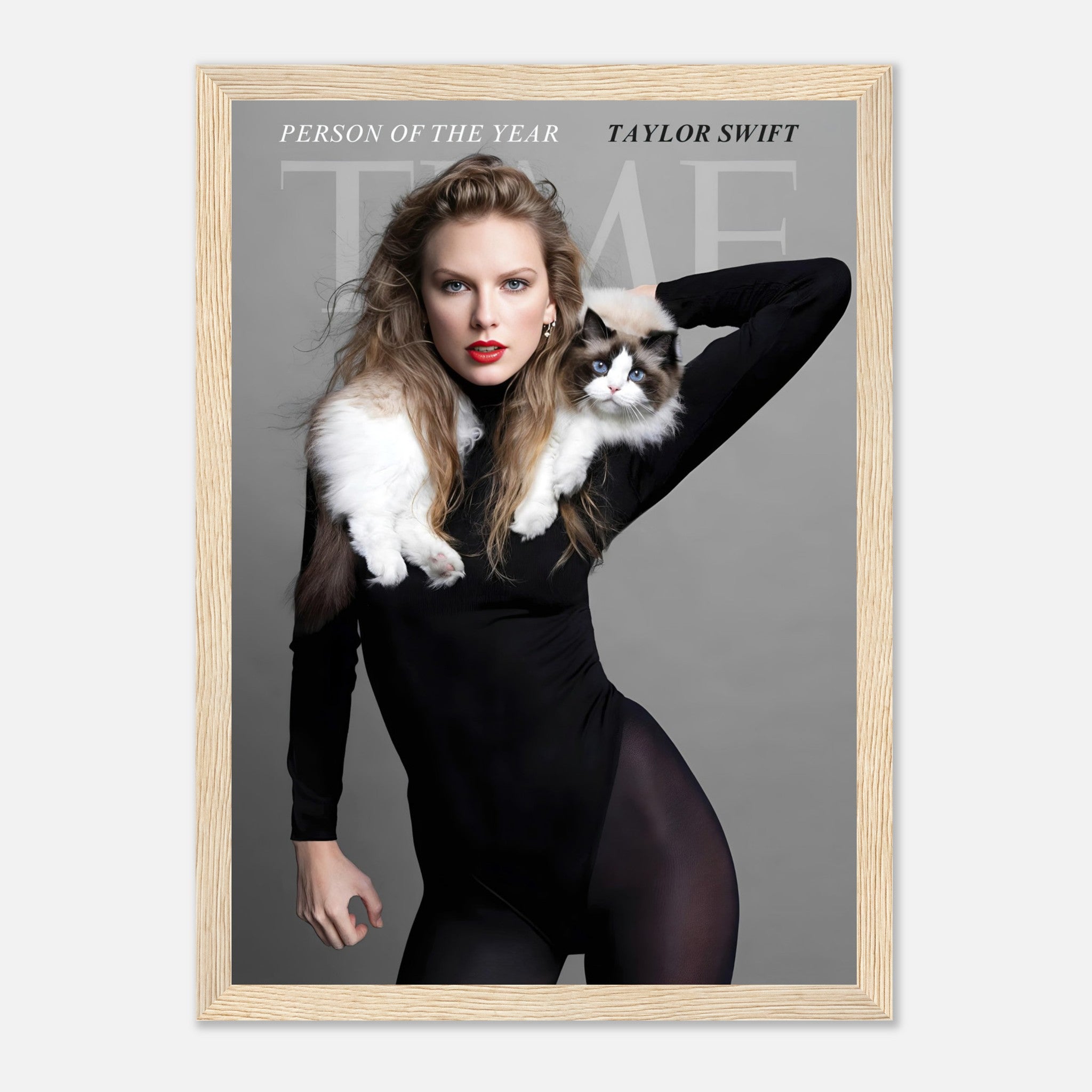 Taylor Swift Time Magazine framed print featuring her with a cat, celebrating her "Person of the Year" honor.