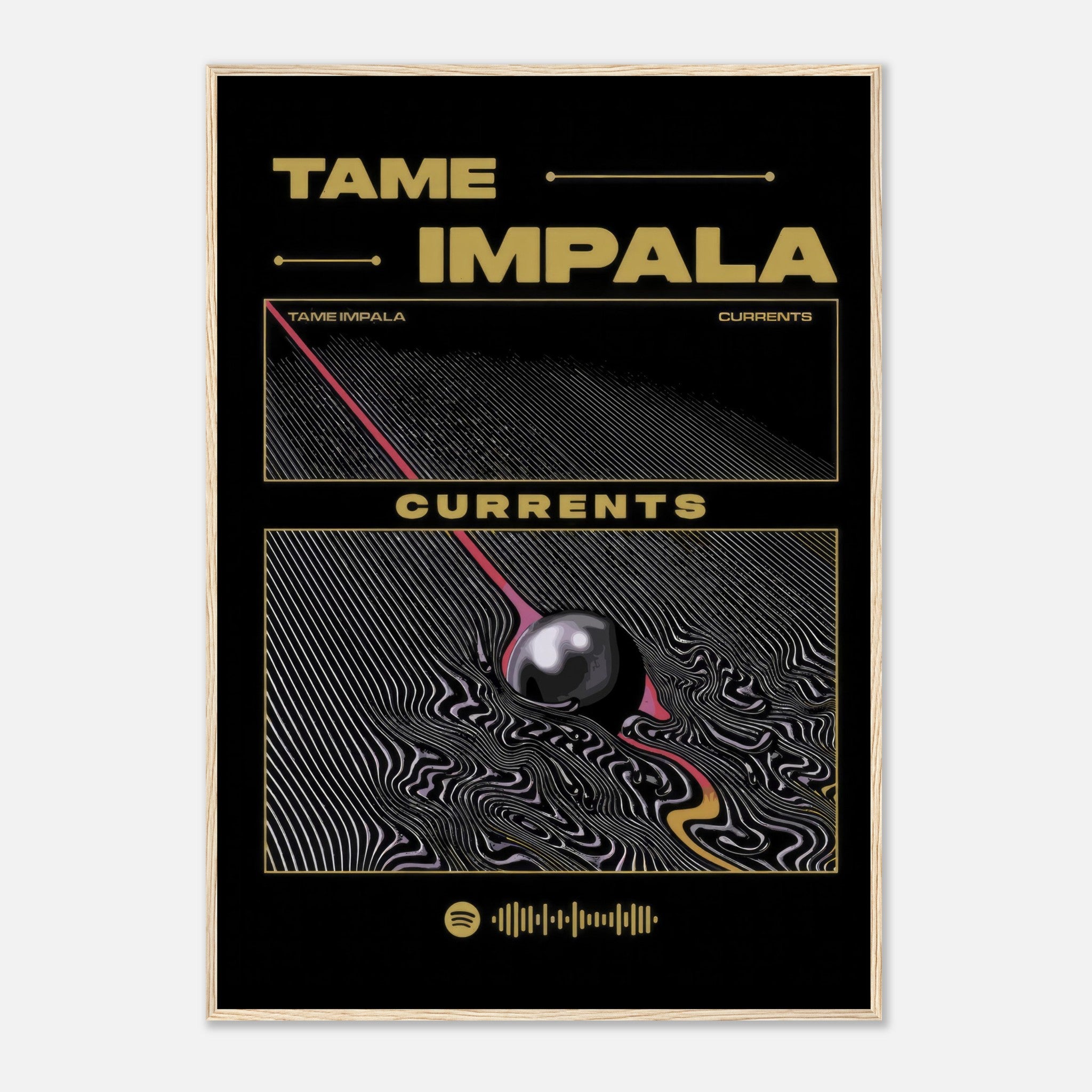 Tame Impala Currents framed poster featuring vibrant psychedelic artwork and album details. Ideal for music and art lovers.