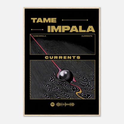 Tame Impala Currents framed poster featuring vibrant psychedelic artwork and album details. Ideal for music and art lovers.