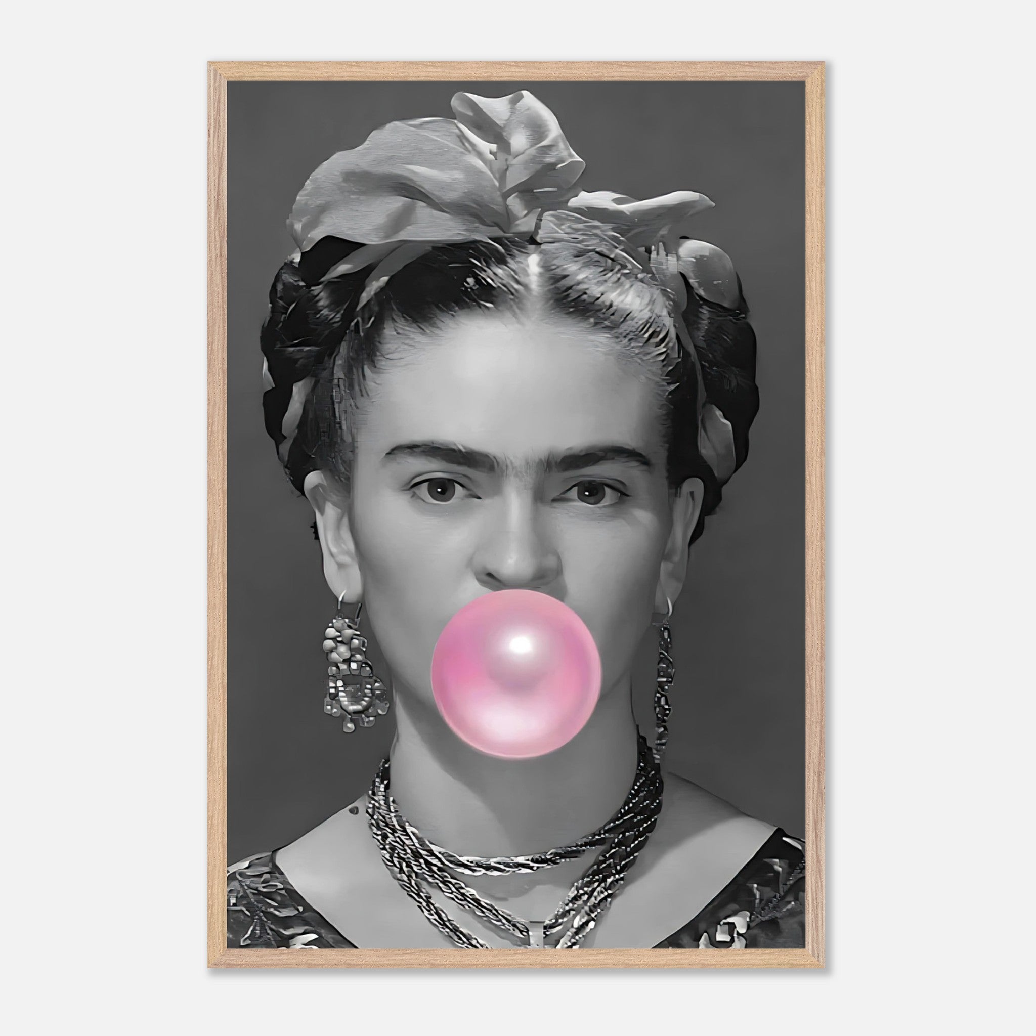 Frida Kahlo black and white art framed, blowing pink bubble gum, vintage decor, creative wall art piece.