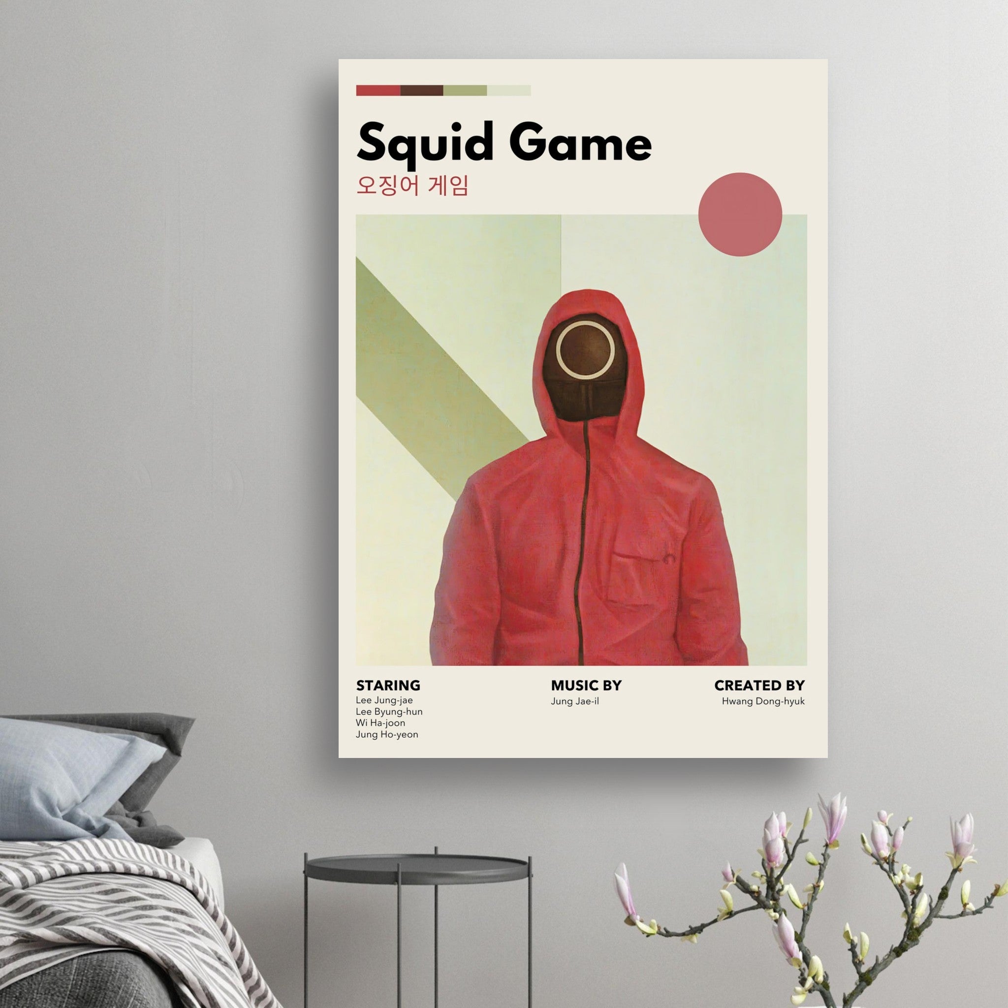 Vintage Squid Game poster featuring iconic imagery and minimalist design, perfect for fans of the hit series.