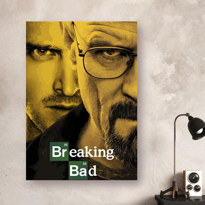 Breaking Bad official metal print poster featuring Walter White and Jesse Pinkman in vibrant colors and sharp detail.