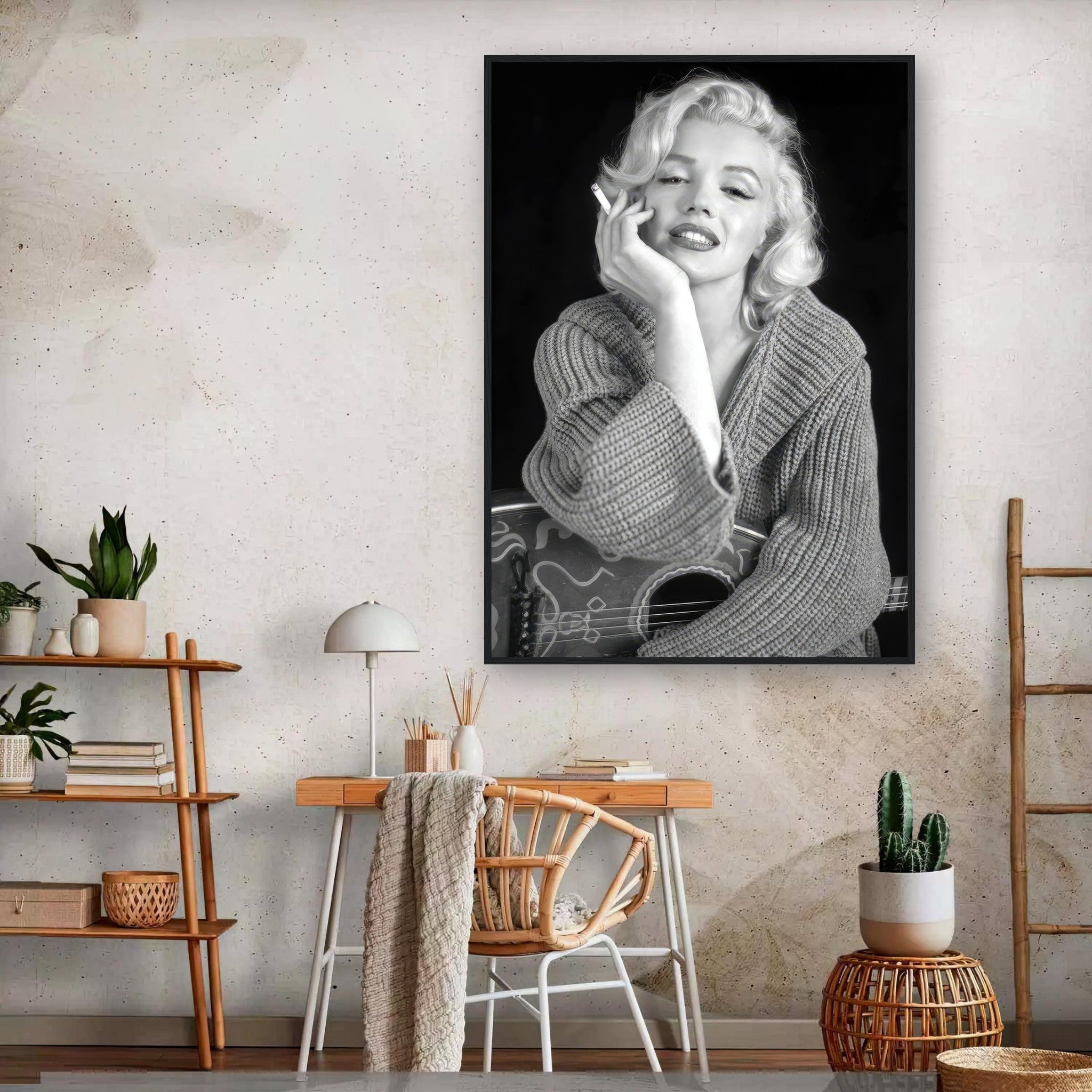 Marilyn Monroe Smoking framed poster in stylish interior, showcasing timeless elegance and iconic Hollywood charm.