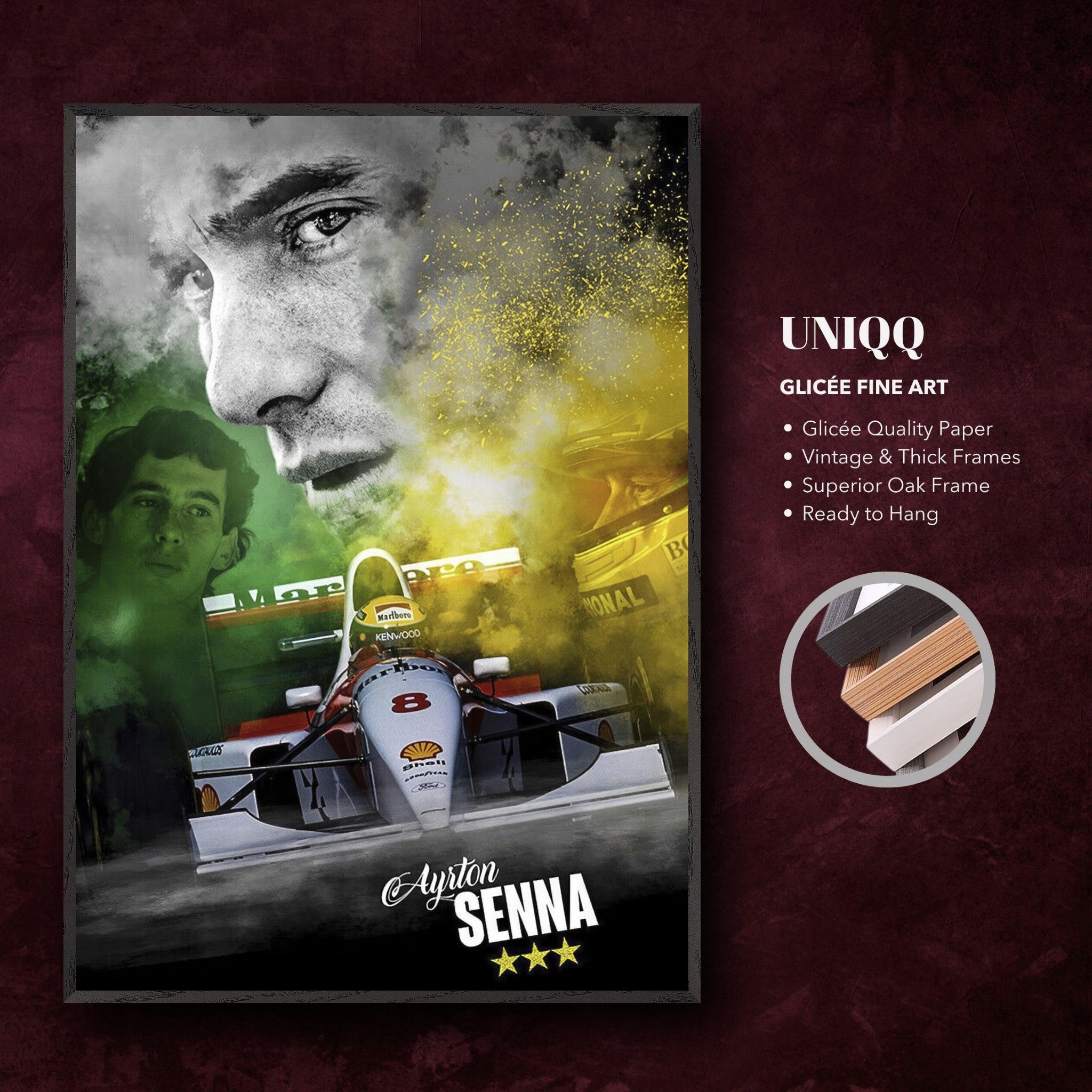 Ayrton Senna fine art print featuring vibrant colors and superior oak frame, ready to hang for racing enthusiasts.