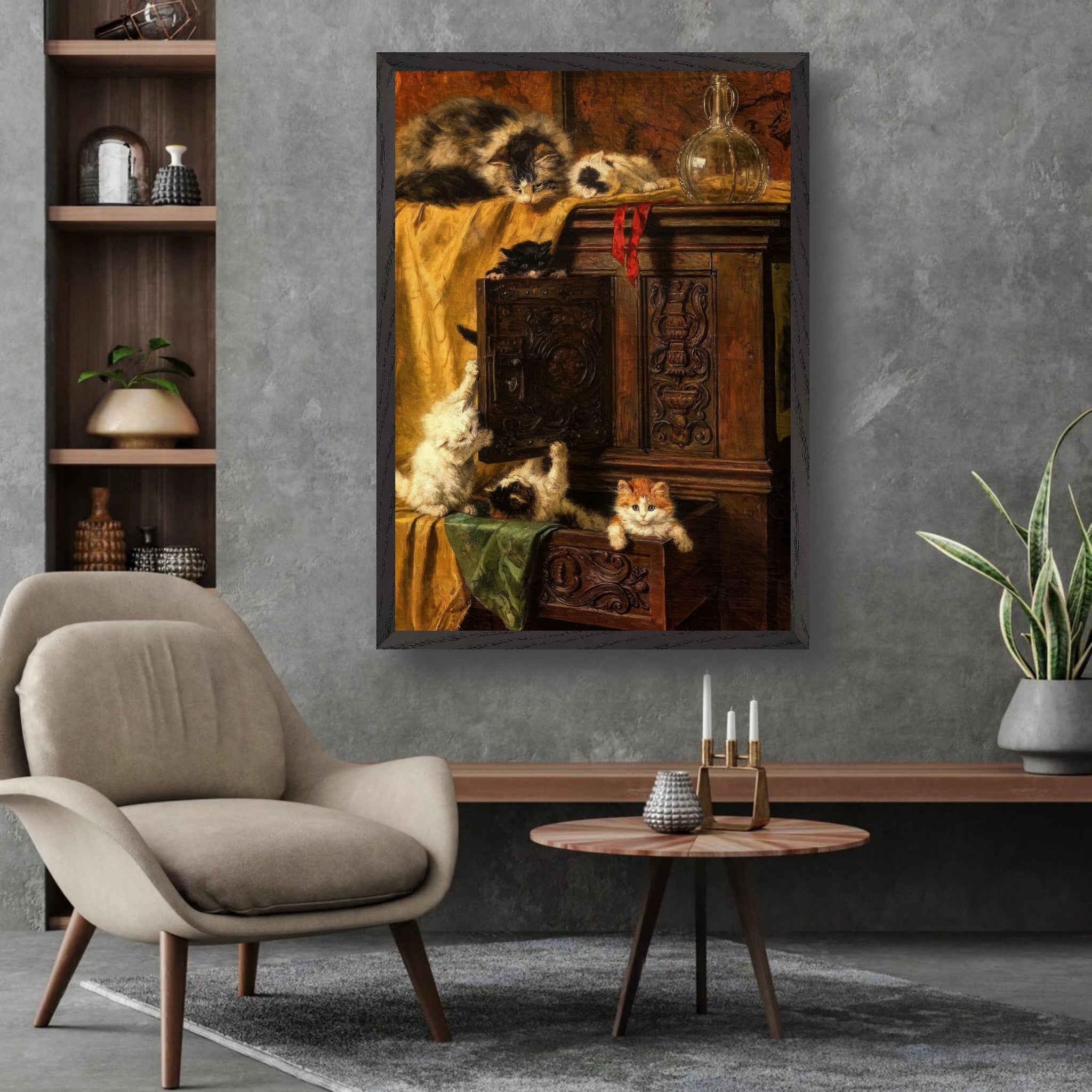 Vintage cat painting of playful kittens on an ornate cabinet, beautifully detailed fine art for home decor.