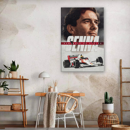 Ayrton Senna canvas wall art showcasing the racing legend's portrait and car, perfect for motorsport enthusiasts.