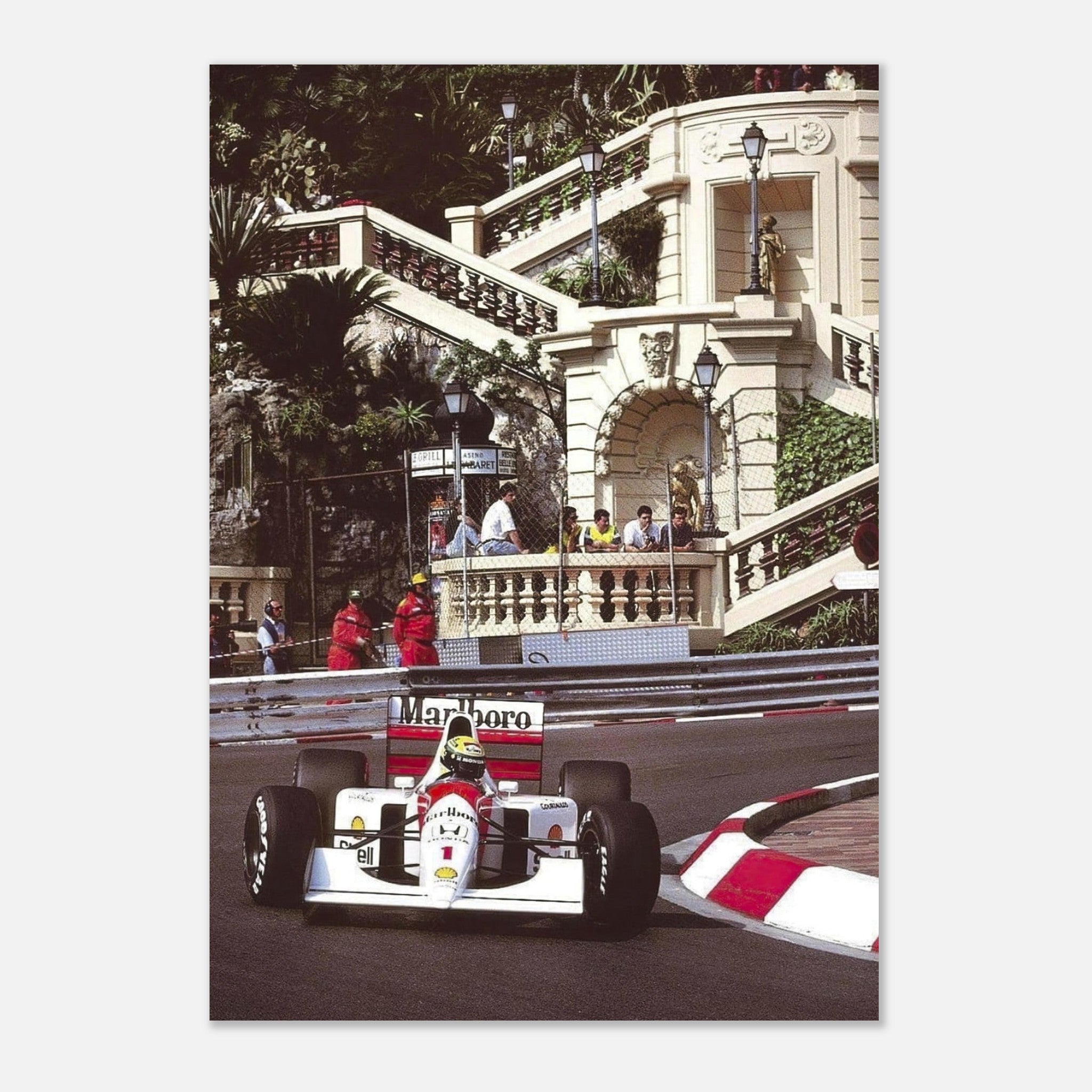 Ayrton Senna racing in a McLaren at the Monaco Grand Prix, captured in vibrant detail on metal print.