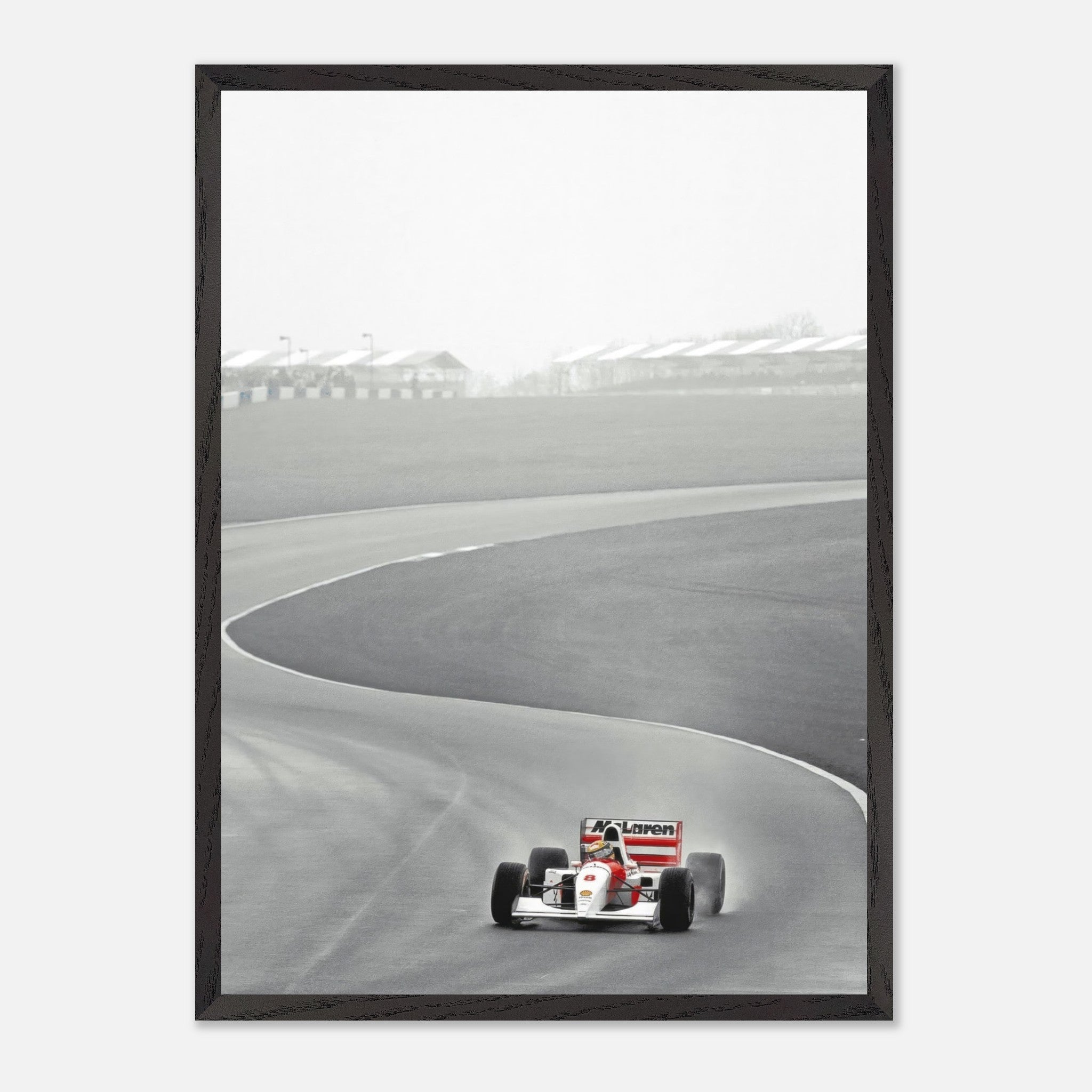 1988 Ayrton Senna McLaren framed art photo capturing iconic Formula 1 racing moment on the track.