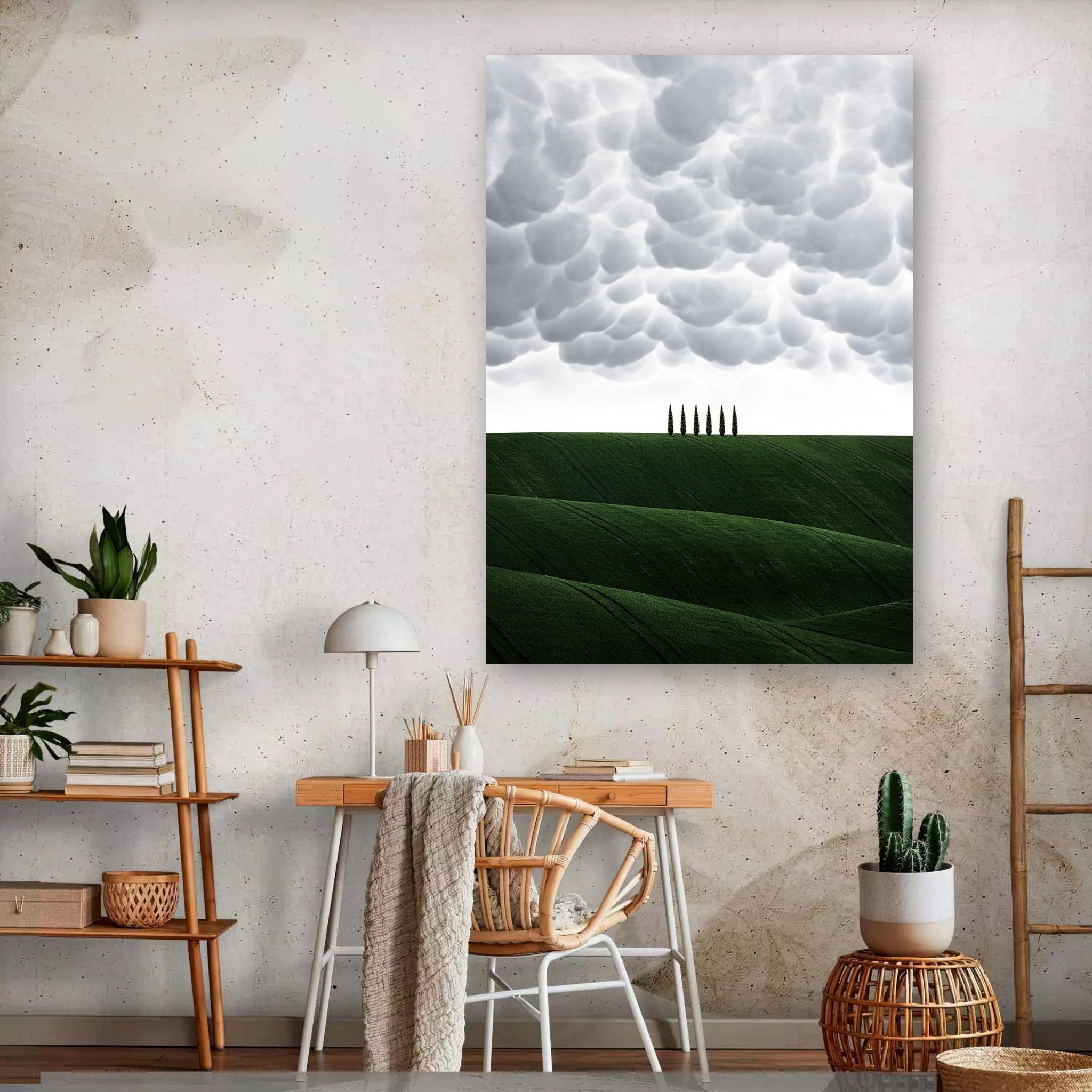 Toscana Italy metal print showcasing rolling green hills and cypress trees under a cloudy sky in a stylish interior space.