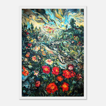 Abstract floral landscape painting with vibrant swirling colors in a framed print, featuring red and green flowers.