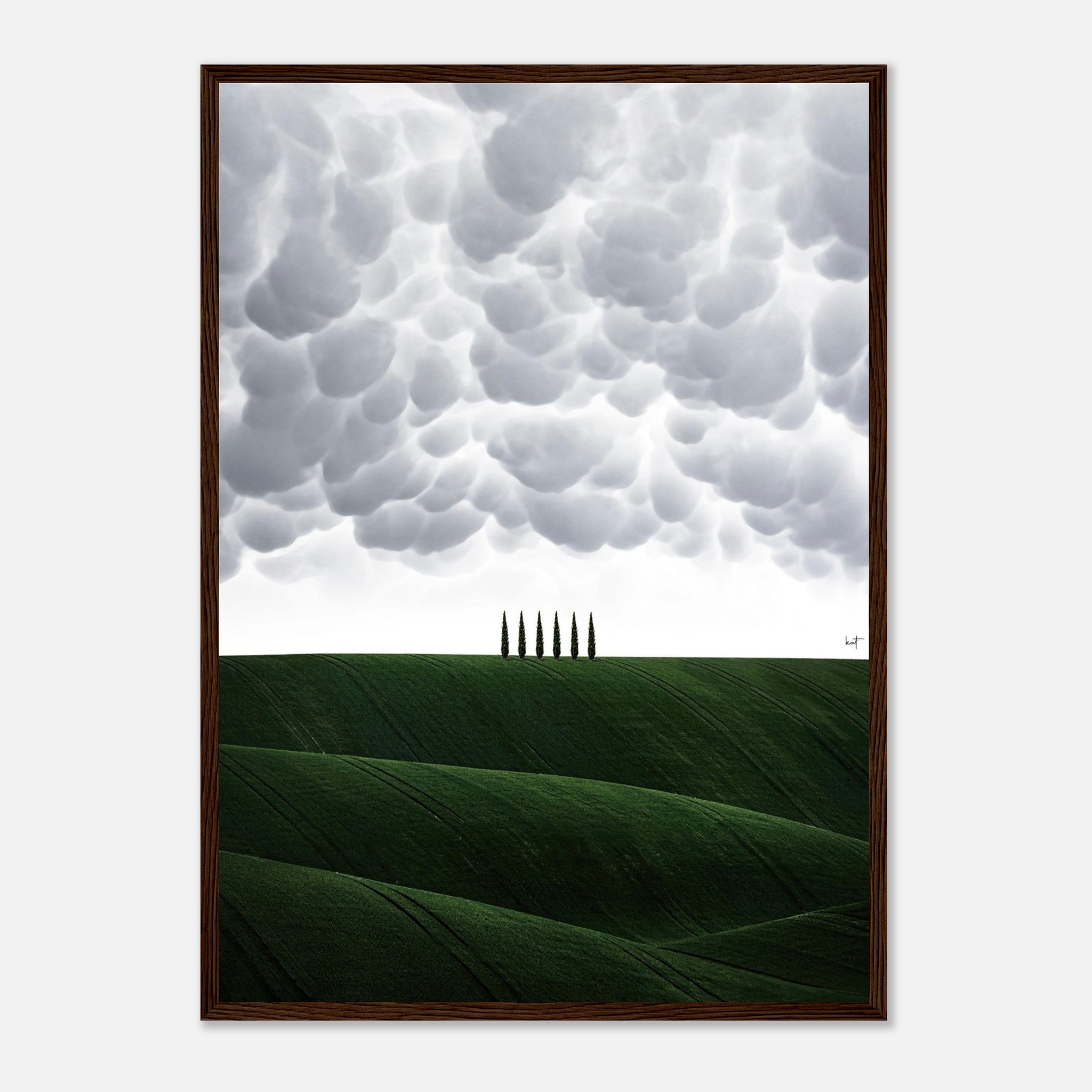 Framed print of Tuscany's rolling green hills and cypress trees under dramatic clouds, adding elegance to any decor.