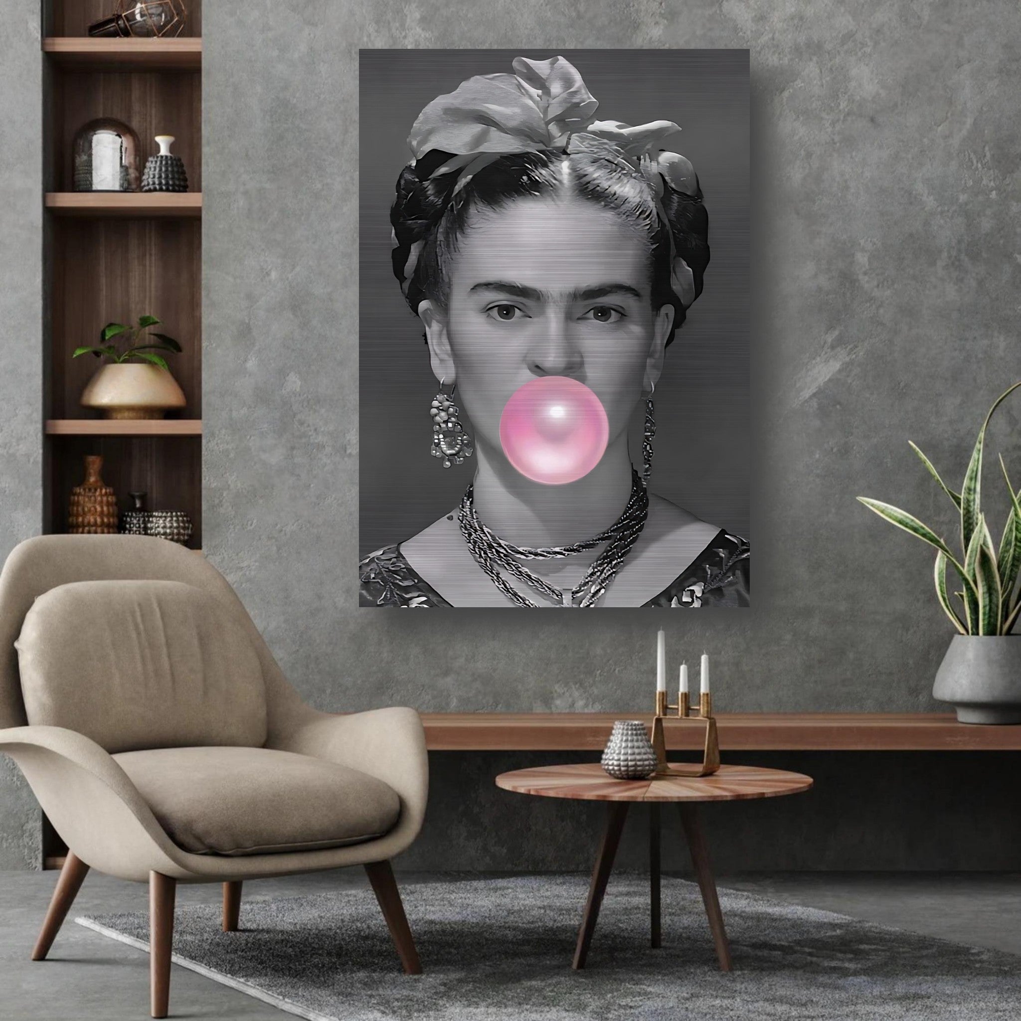 Frida Kahlo Bubble Gum artwork on brushed metal, featuring Kahlo blowing a pink bubble in a modern interior setting.