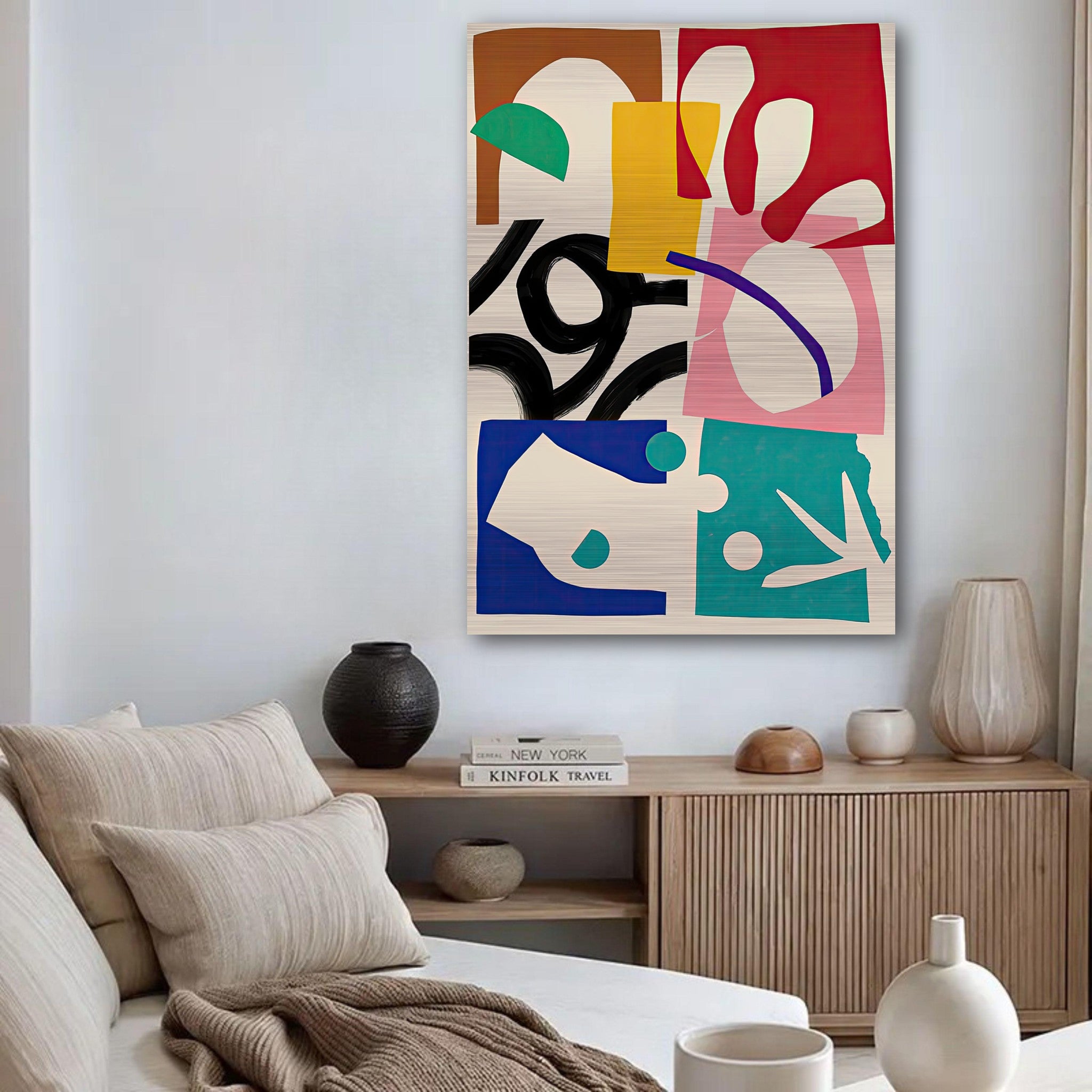 Modern abstract artwork in vibrant colors enhancing a stylish living room decor.