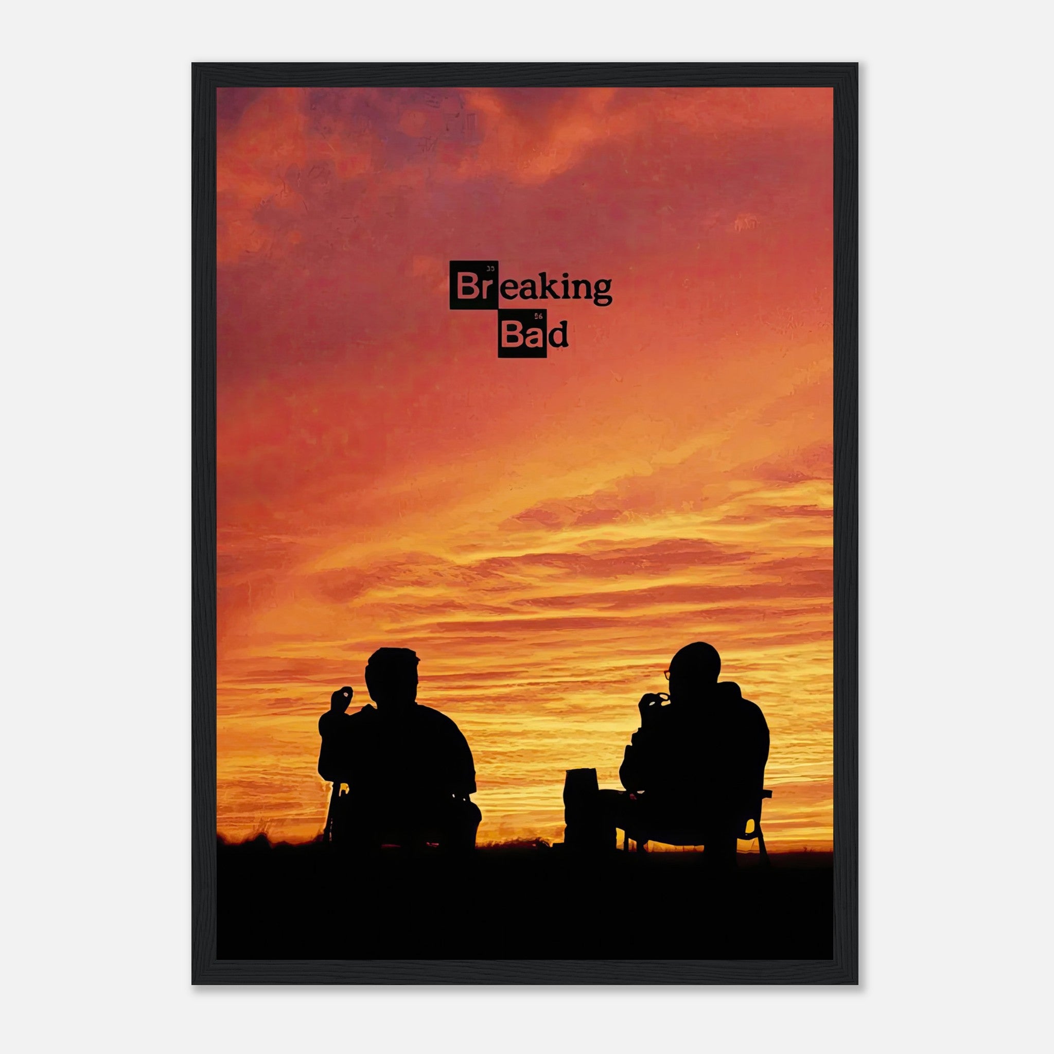 Breaking Bad framed poster featuring Walter White and Jesse Pinkman silhouetted against a vibrant sunset.