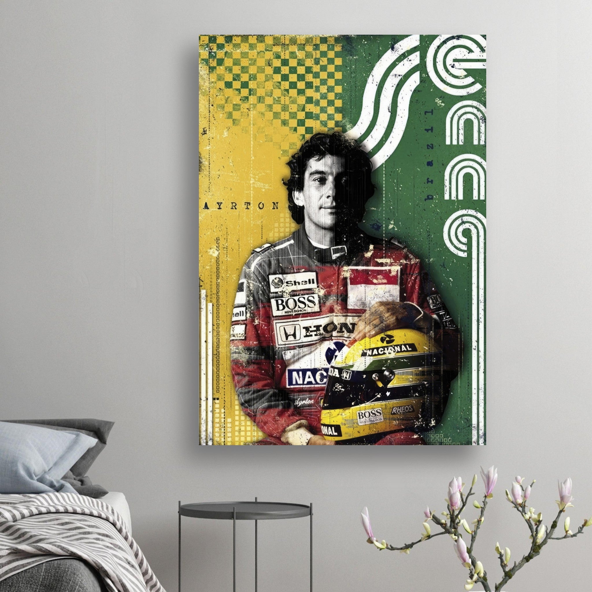 Ayrton Senna F1 Legend poster featuring vibrant Brazilian colors and dynamic design, celebrating the iconic racer.