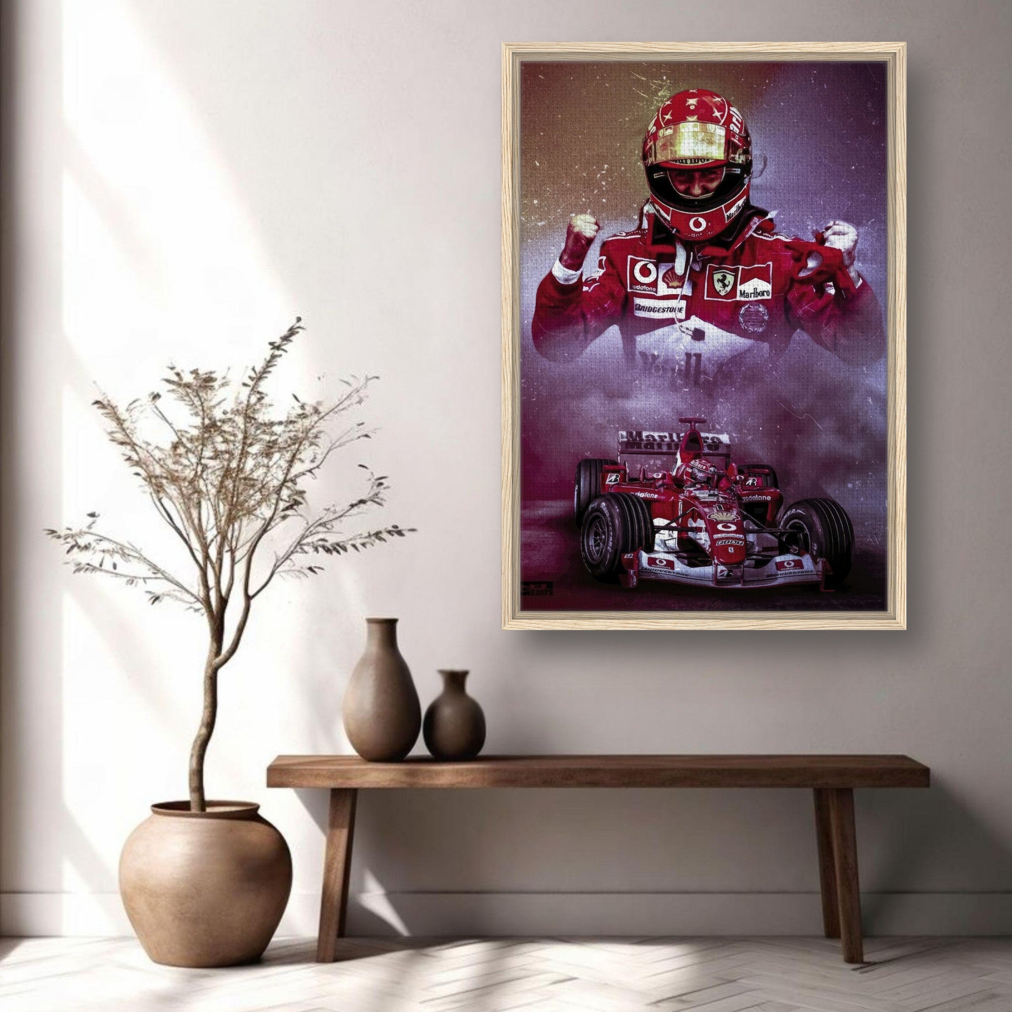 Framed canvas print of Michael Schumacher triumphing in a Ferrari, showcasing motorsport elegance and vibrant colors.