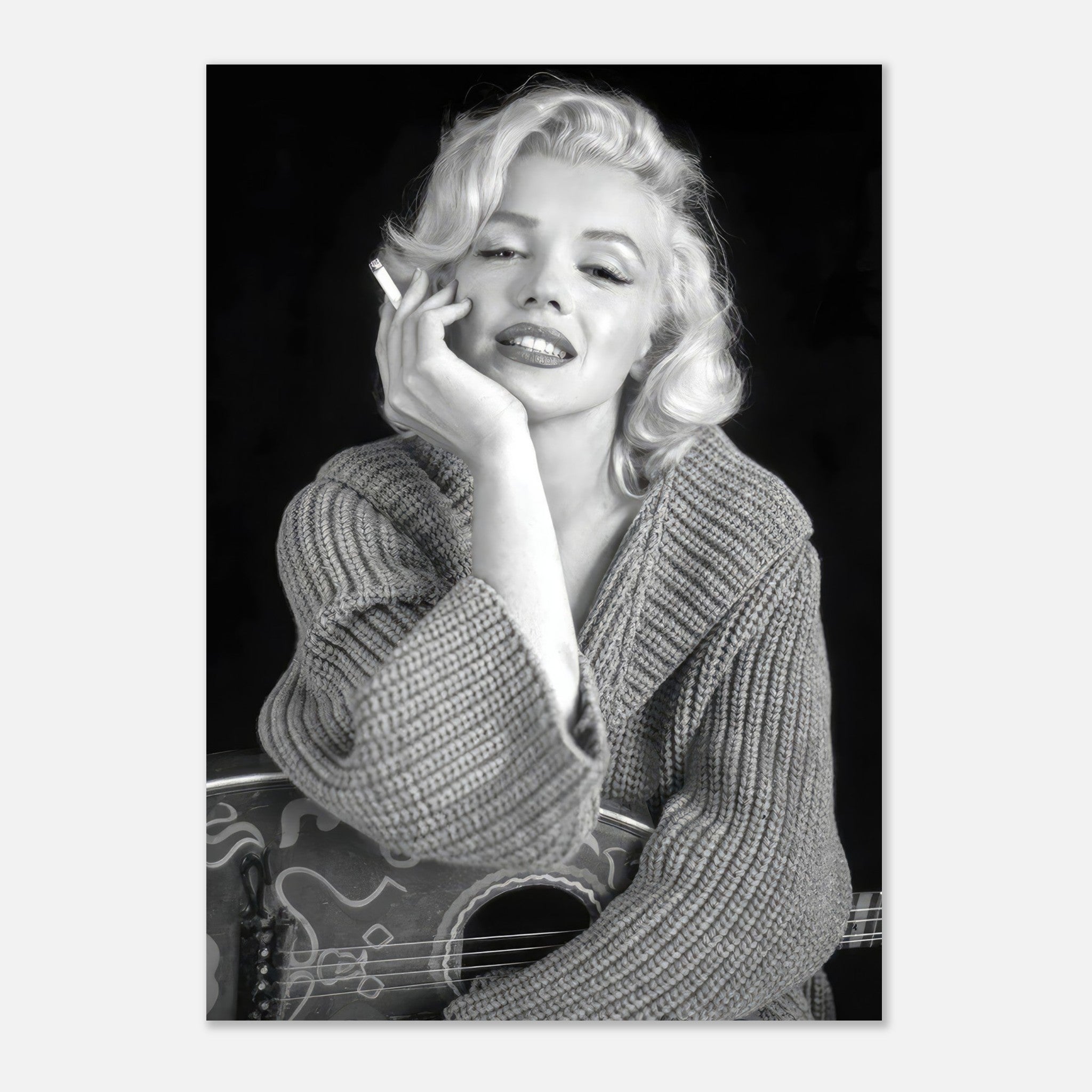 Marilyn Monroe smoking in a cozy sweater, capturing classic Hollywood charm in a stunning black-and-white poster.