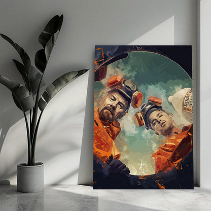 Breaking Bad metal print featuring Walter White and Jesse Pinkman in hazmat suits, showcasing iconic lab scene.