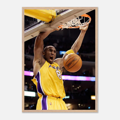 Kobe Bryant performing an iconic slam dunk in a Lakers jersey, capturing the intensity of basketball in fine art.