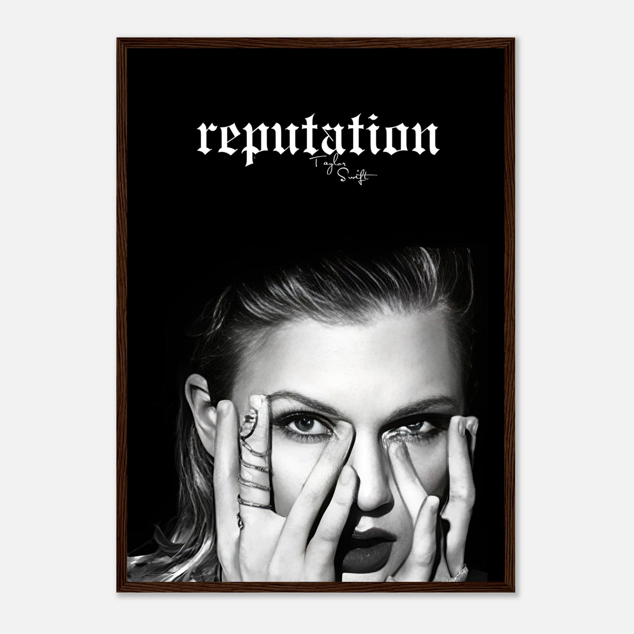 Taylor Swift Reputation framed print featuring striking black-and-white image with bold title and minimalist design.