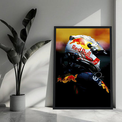 Max Verstappen framed print featuring iconic Red Bull racing helmet, showcasing vibrant colors and sleek design for any decor.