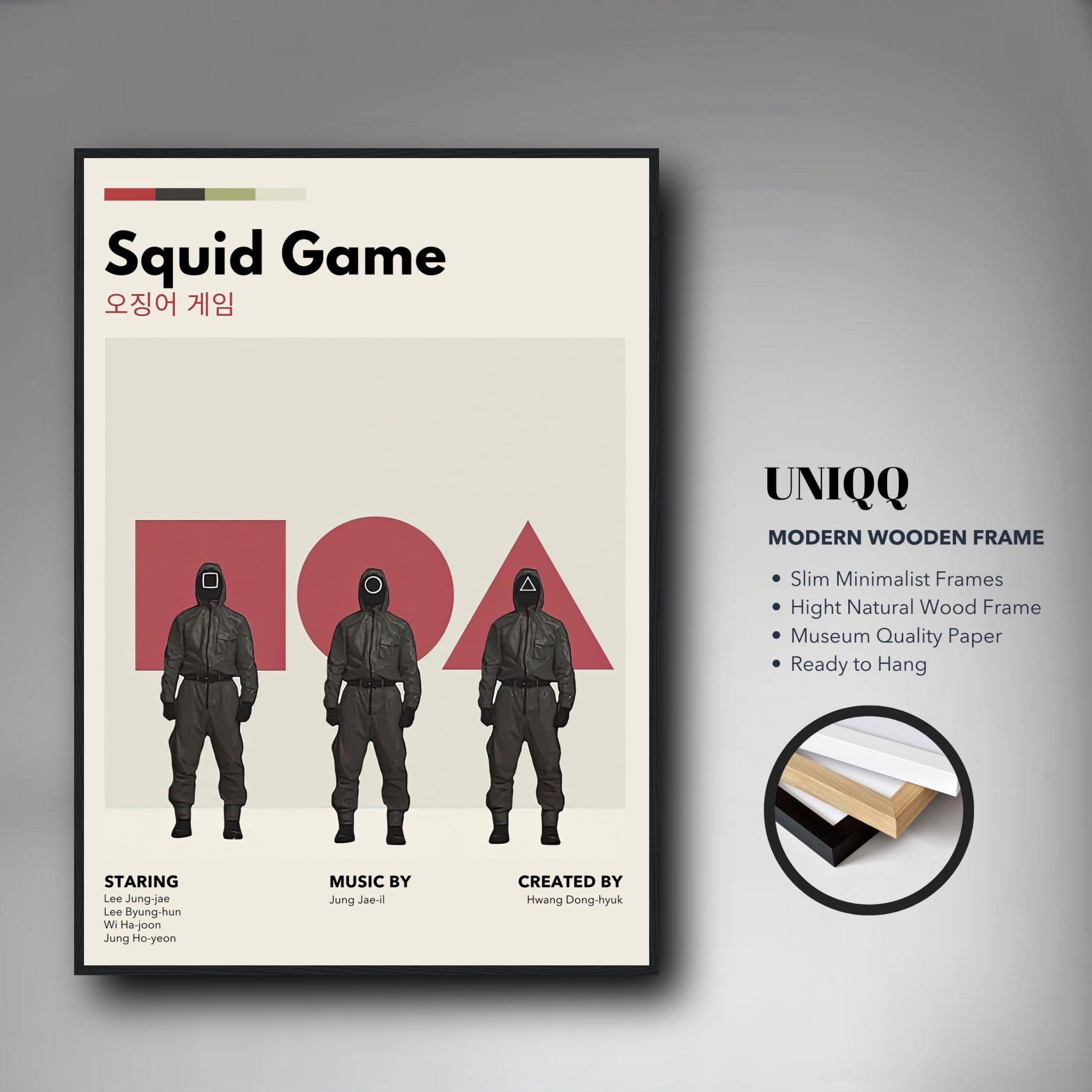 Squid Game Vintage framed print featuring iconic characters and minimalist design, ready to hang and perfect for fans.