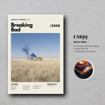 Vintage RV Breaking Bad metal poster with blue smoke in desert landscape, capturing the show's iconic essence.