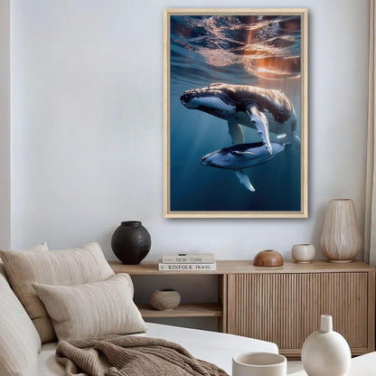 Framed underwater photograph of a humpback whale and calf, bringing marine beauty to your space.