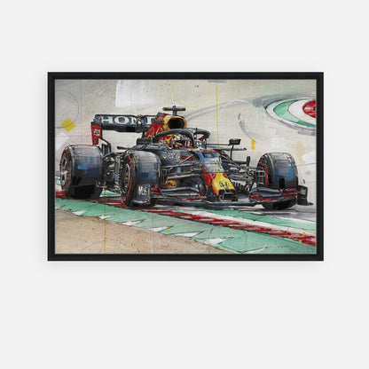 Framed canvas print of Max Verstappen racing his Red Bull car, showcasing vibrant colors and dynamic detail.