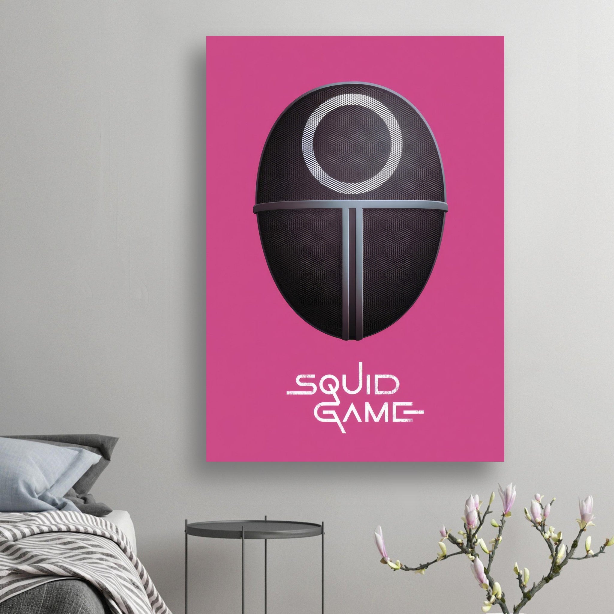 Squid Game Guard Mask poster on pink background, perfect wall art for fans of the series.