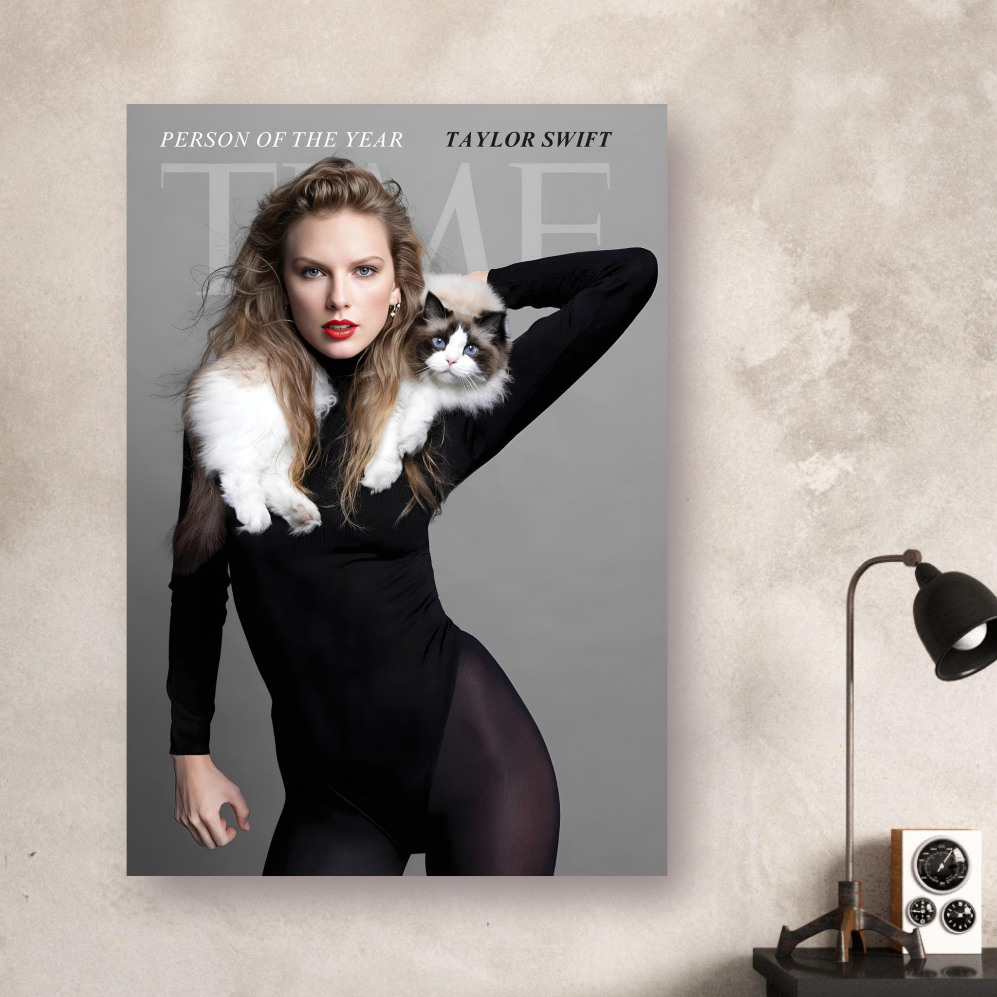 Taylor Swift Time Magazine metal print, Person of the Year, featuring her elegant pose and cat, perfect for fans and collectors.