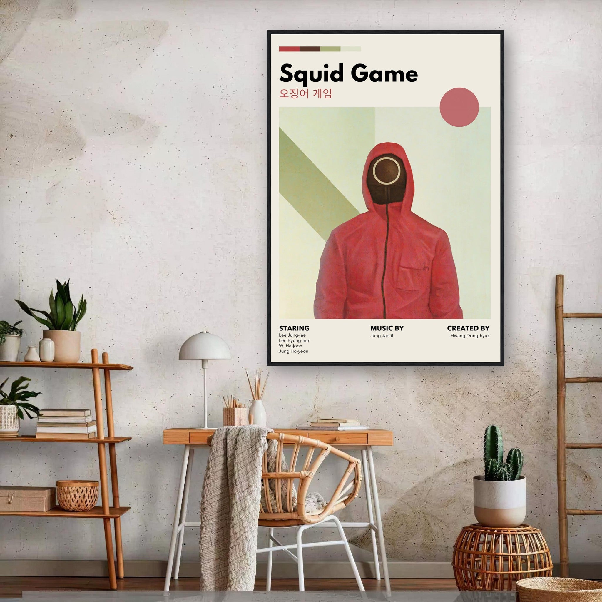 Vintage Squid Game framed print featuring a red-hooded figure and retro design, perfect for fans and collectors.