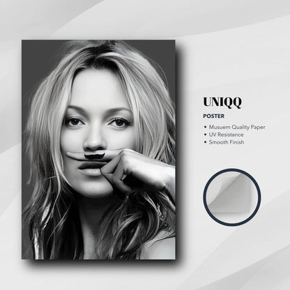 Kate Moss Mustache Poster in black and white, showcasing a playful twist with a hand-drawn mustache on her face.