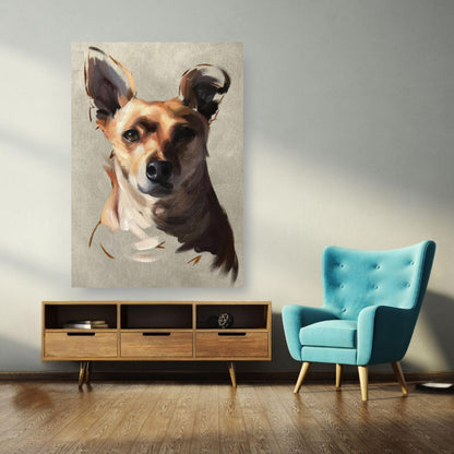 Chihuahua dog painting poster showcased in a stylish living room with a blue chair.