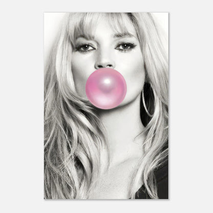 Kate Moss black-and-white portrait with pink bubble gum, stylish metal poster for modern decor.