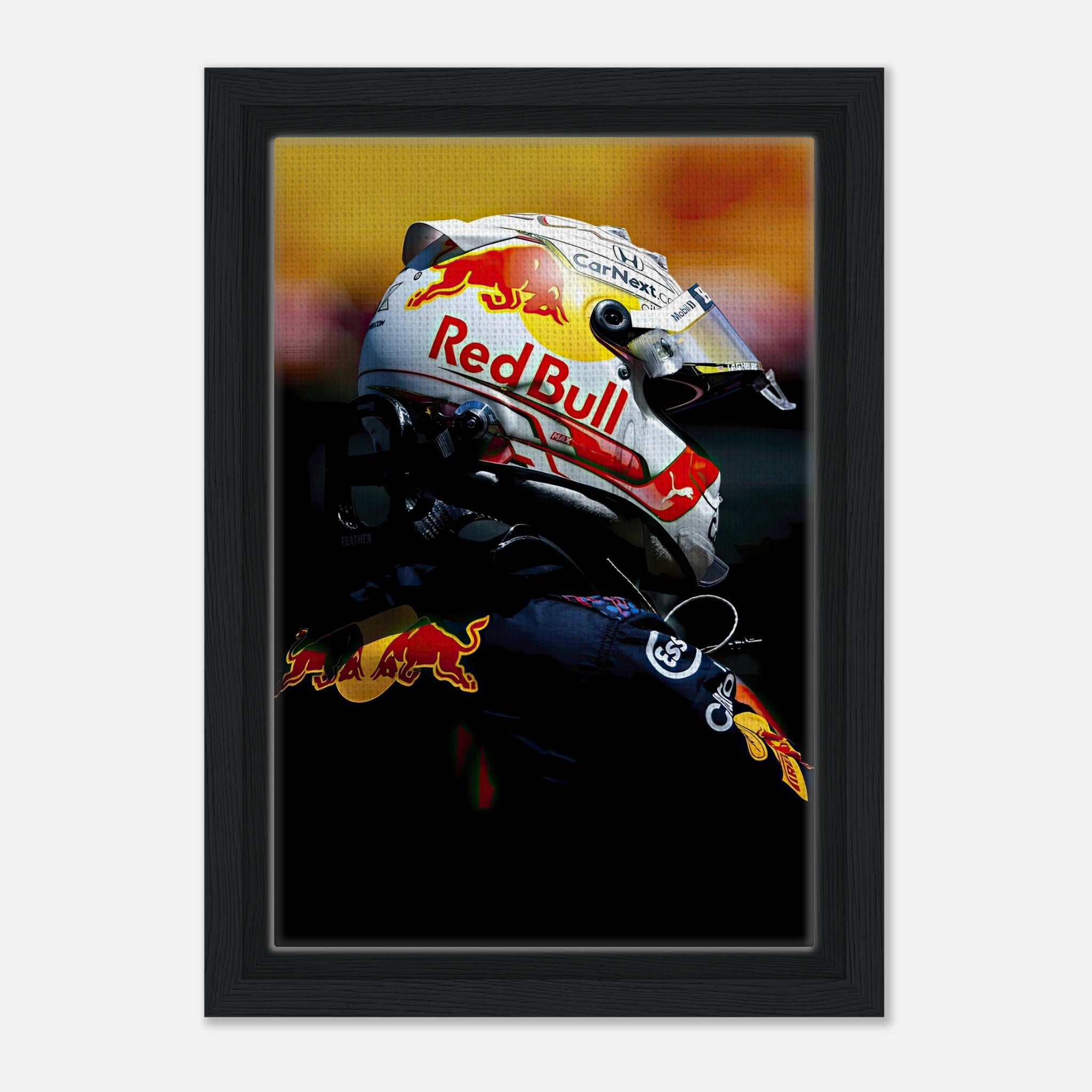 Framed canvas print of Max Verstappen in Red Bull helmet, showcasing his Formula 1 spirit and vibrant colors.