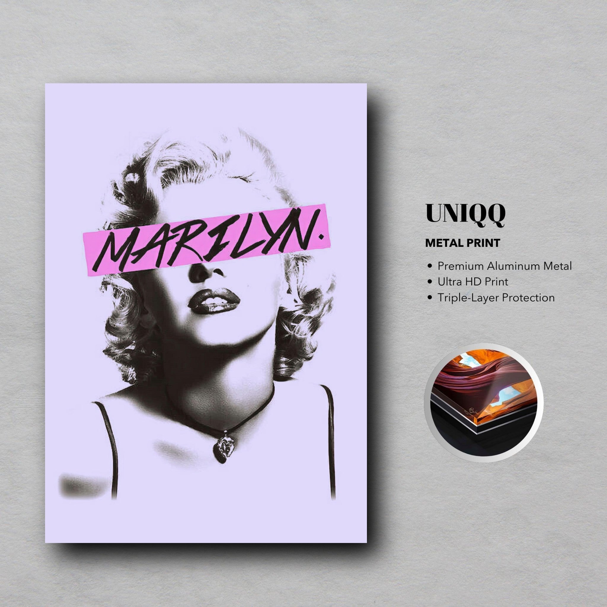 Marilyn Monroe metal poster with edgy design and vibrant colors, showcasing classic Hollywood glamour and modern artistry.