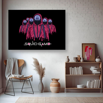 Squid Game Soldiers poster featuring iconic masked figures in red uniforms displayed in a modern living room setting.