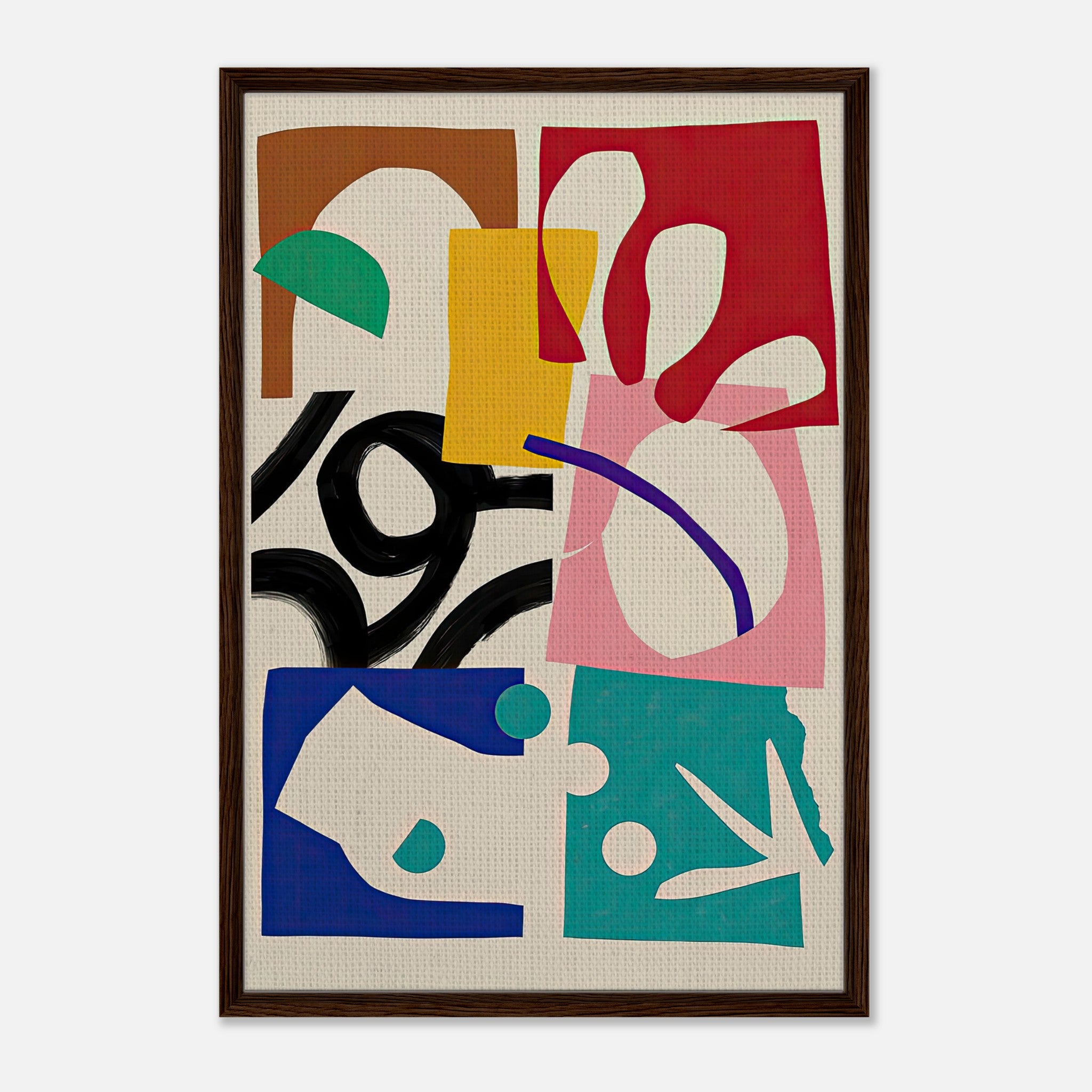 Framed Abstract Harmony Canvas Print featuring bold shapes and vibrant colors, ideal for modern home decor.