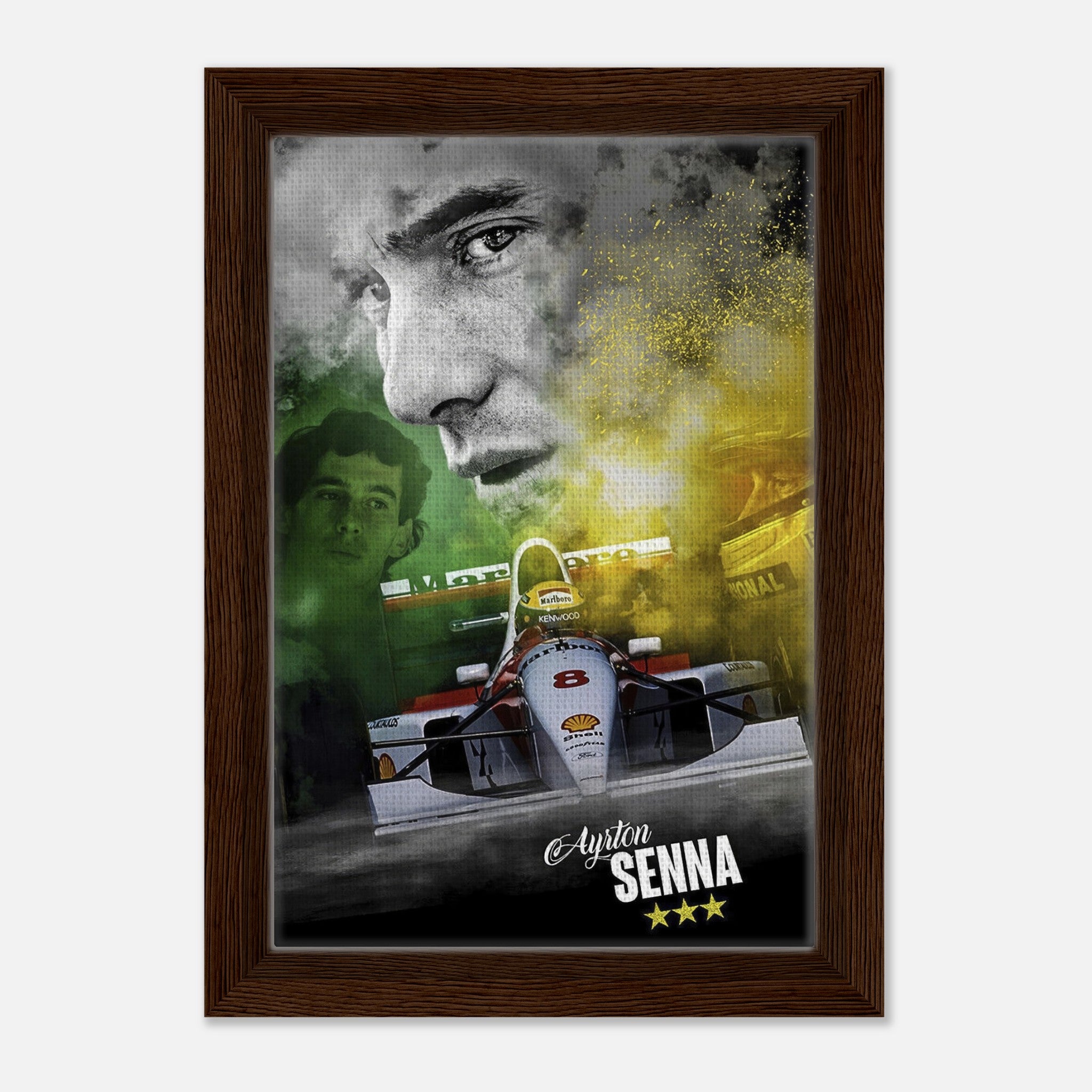 Ayrton Senna Framed Canvas Print featuring a dynamic design with his portrait and iconic F1 car.