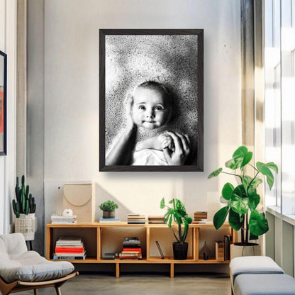 Black and white vintage framed print of a smiling baby in a bath, evoking nostalgia and childhood innocence.