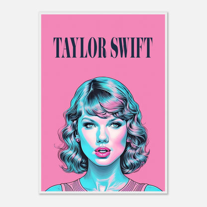 Vibrant Taylor Swift pop art poster with pink background and turquoise highlights, perfect for fans and art lovers.