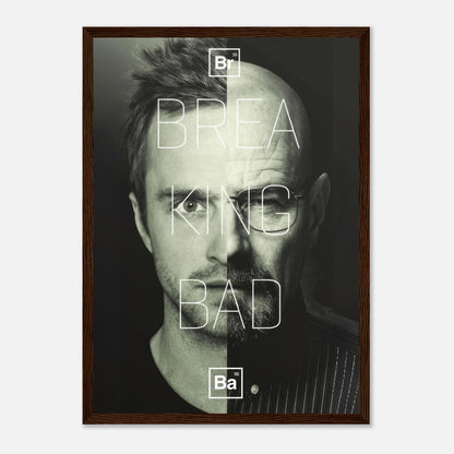 Jesse x Walter Breaking Bad framed print featuring split-face design and bold typography, perfect for fans and collectors.