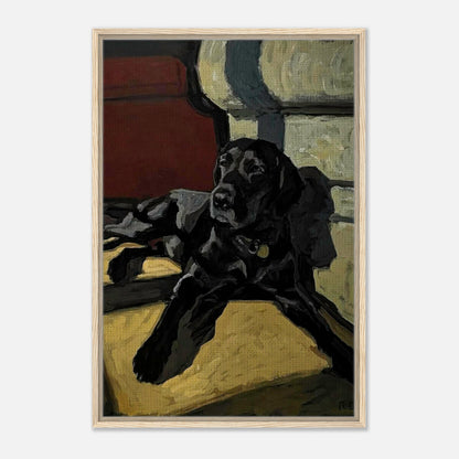 Framed canvas print of a black Labrador lounging, showcasing warm tones and expressive brushwork.